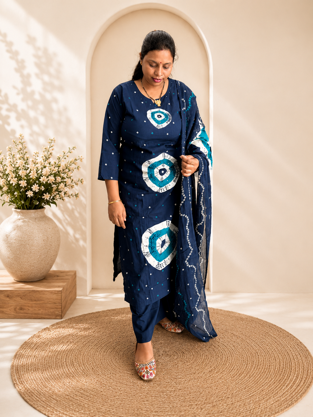 Navy Blue Bandhej Print Cotton KurtiPalazzo & Dupatta Set