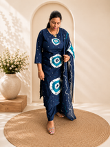 Navy Blue Bandhej Print Cotton KurtiPalazzo & Dupatta Set