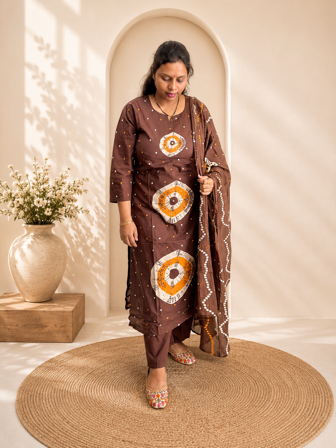 Brown Bandhej Print Cotton Kurti Palazzo & Dupatta Set