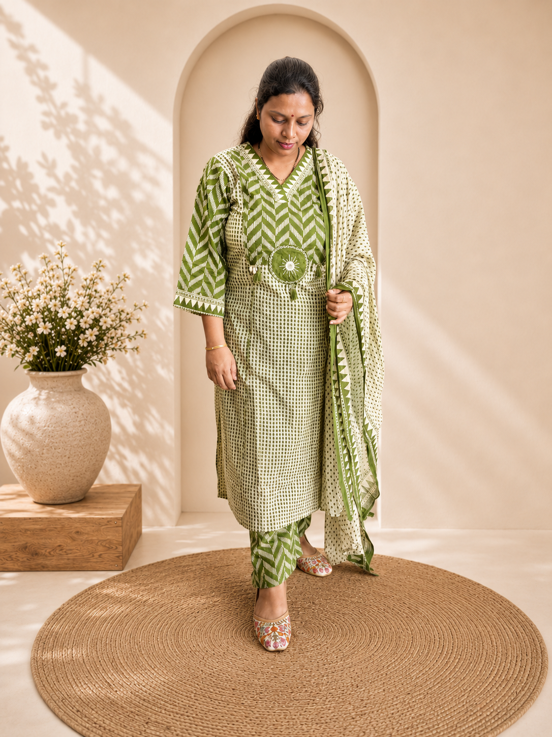 Green Printed Cotton Kurti Pant & Dupatta Set