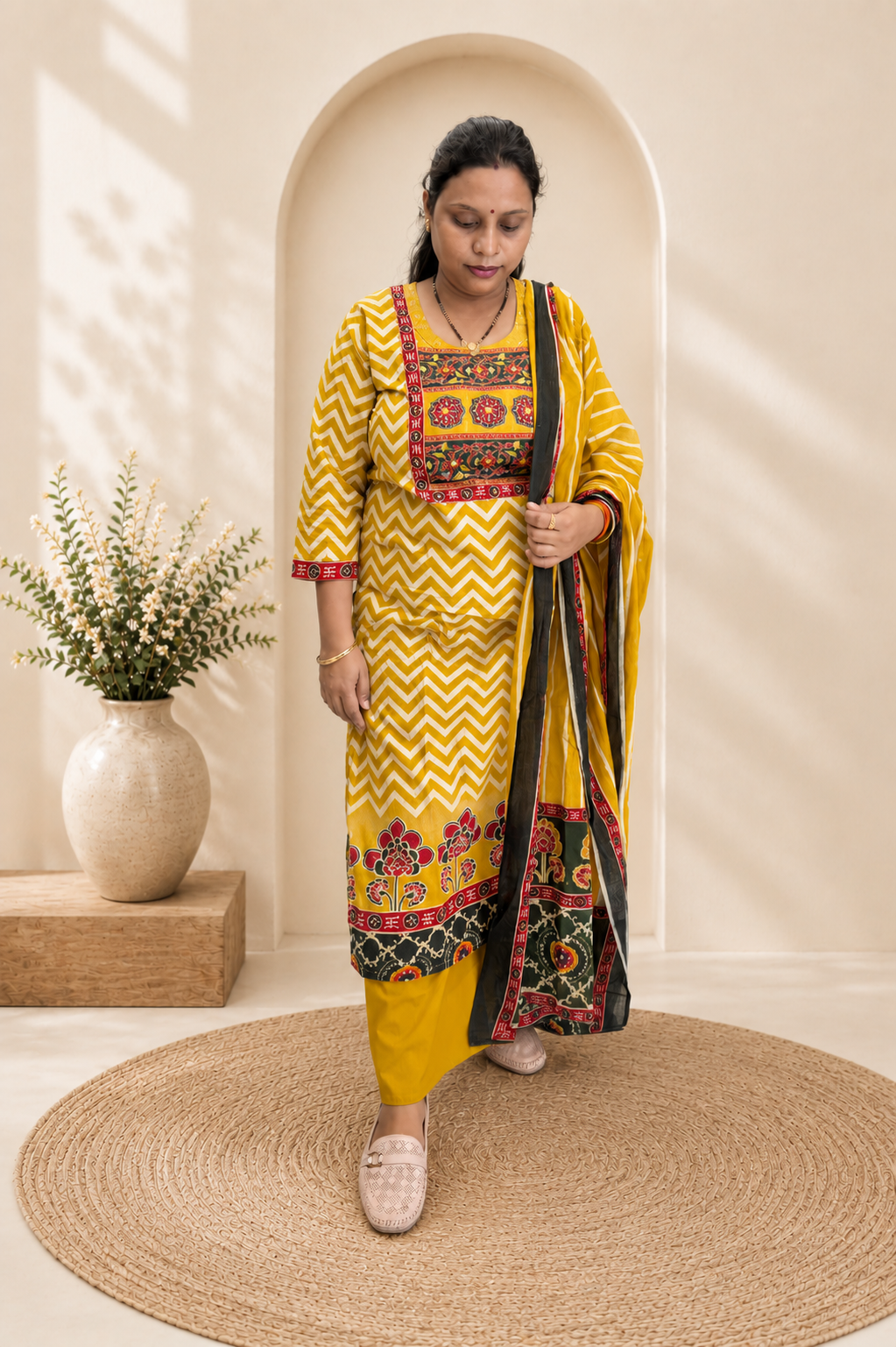 Mustard Yellow Chevron Print Cotton Kurti Palazzo & Dupatta Set