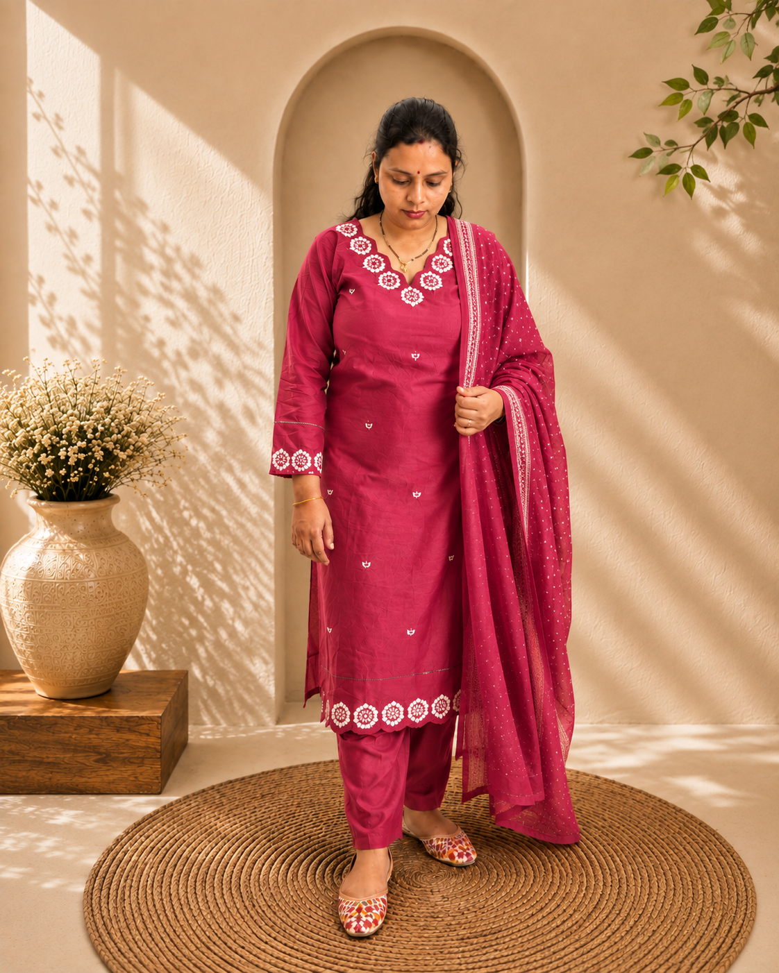 Wine Cotton Embroidered Kurta Pant with Dupatta Set for Women