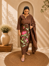 Chocolate Brown Embroidered Cotton Kurti Pant Dupatta Set