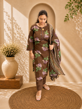 Chocolate Brown Floral Printed Cotton Kurti Pant Dupatta Set