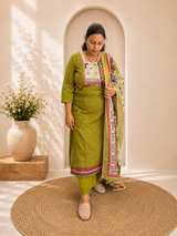 Olive Green Cotton KurtiPalazzo & Printed Dupatta Set for Women