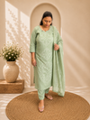 Sage Green Bandhej Discharge Print Cotton Kurti Pant & Dupatta Set