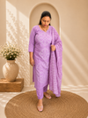 Lavender Bandhej Discharge Print Cotton Kurti Pant & Dupatta Set