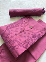 Mauve Embroidered Cotton Kurti Pant Dupatta Set