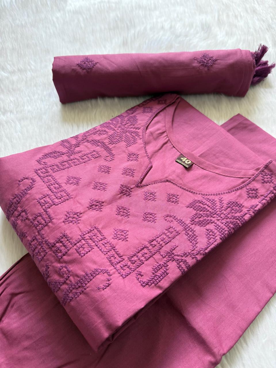 Mauve Embroidered Cotton Kurti Pant Dupatta Set