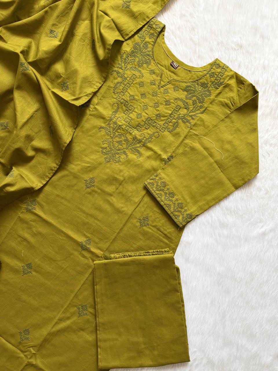 Mustard Green Embroidered Cotton Kurti Pant Dupatta Set