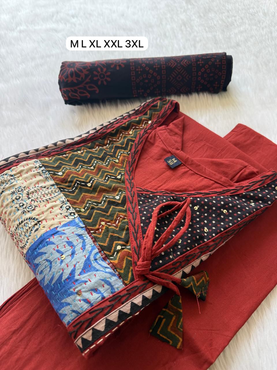 Patch Neckline Angrakha Style Cotton Kurti Pant & Block Printed Dupatta Set - Rust Red