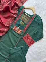 Patch & Thread Work Yoke Cotton Kurti Pant & Maroon Block Print Dupatta Set - Teal Green