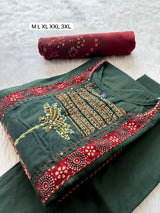 Patch & Thread Work Yoke Cotton Kurti Pant & Maroon Block Print Dupatta Set - Teal Green