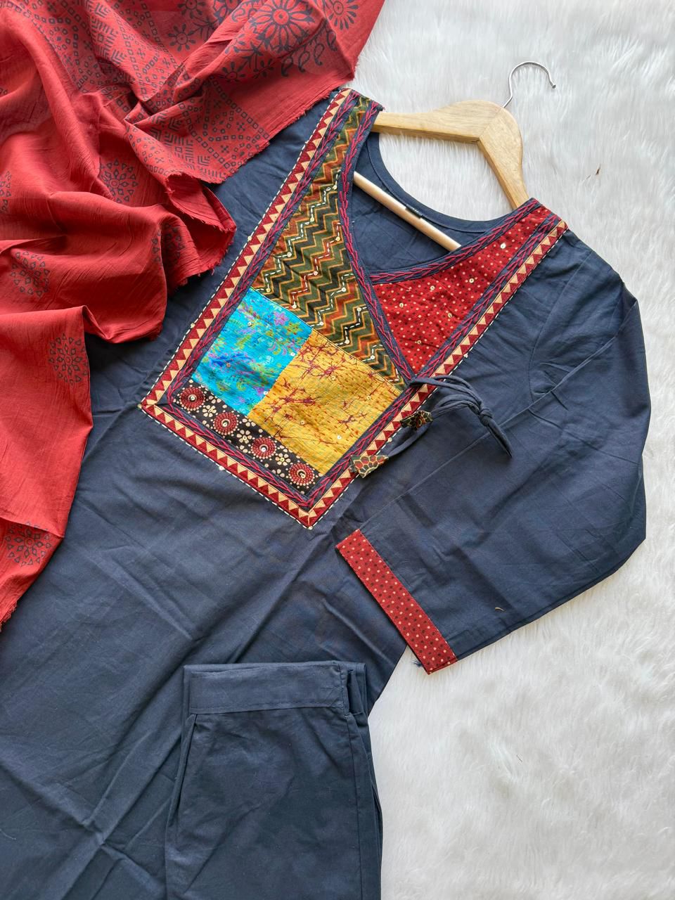Patch Neckline Angrakha Style Cotton Kurti Pant & Rust Block Printed Dupatta Set - Navy Blue