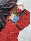Patch Neckline Angrakha Style Cotton Kurti Pant & Block Printed Dupatta Set - Rust Red