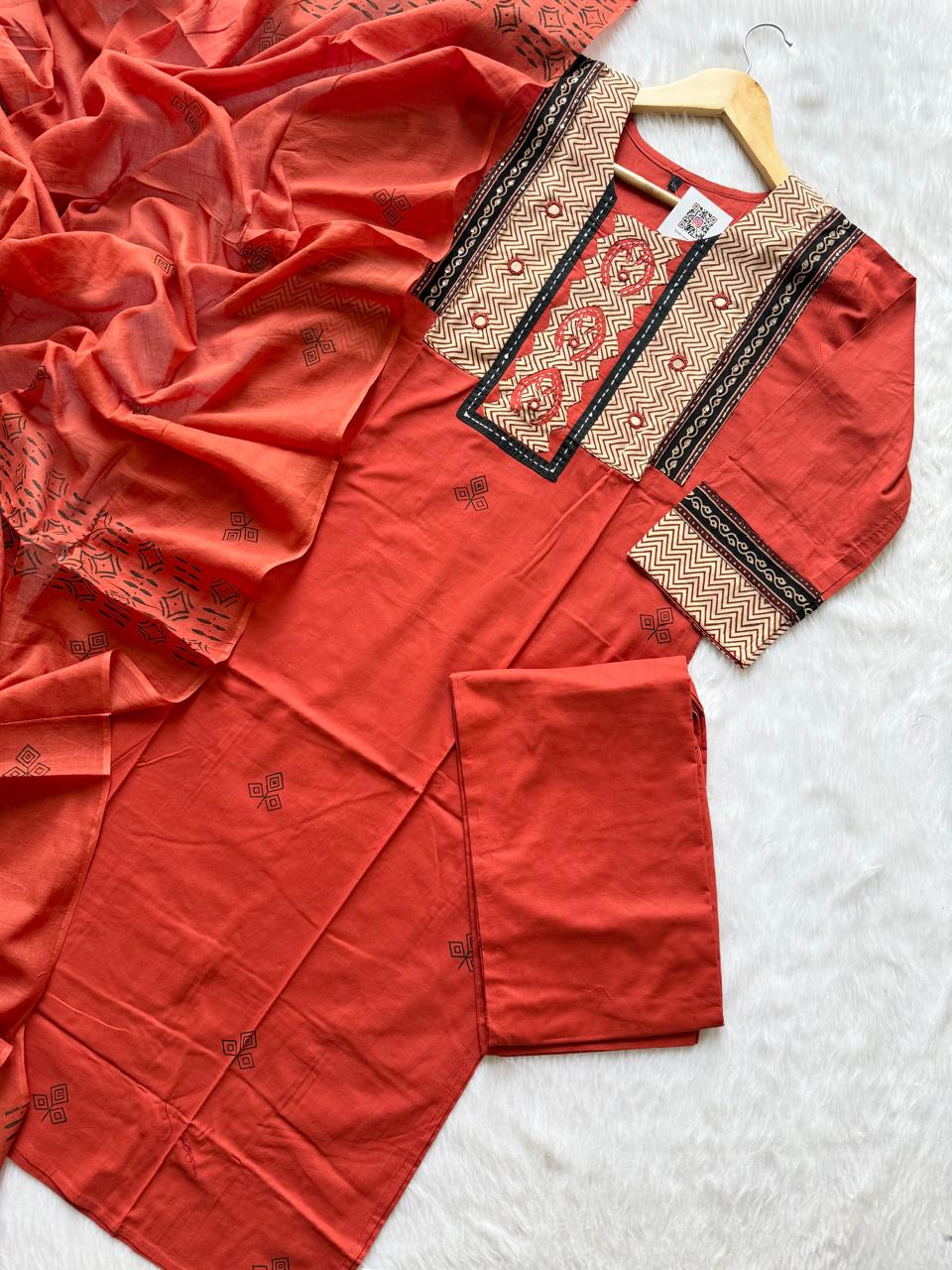 Straight Cotton Kurti Pant Dupatta Set - Red