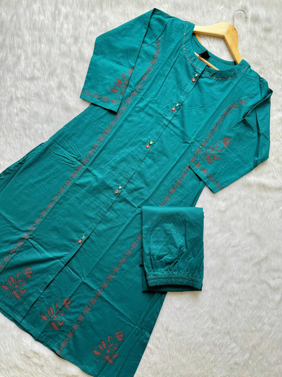 Teal Green Cotton Printed Kurti with Palazzo Co-ord Set
