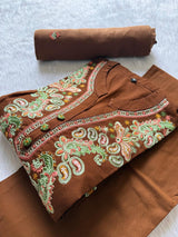 Brown Embroidered Cotton Kurti Pant Dupatta Set