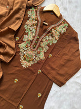 Brown Embroidered Cotton Kurti Pant Dupatta Set
