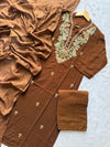 Brown Embroidered Cotton Kurti Pant Dupatta Set