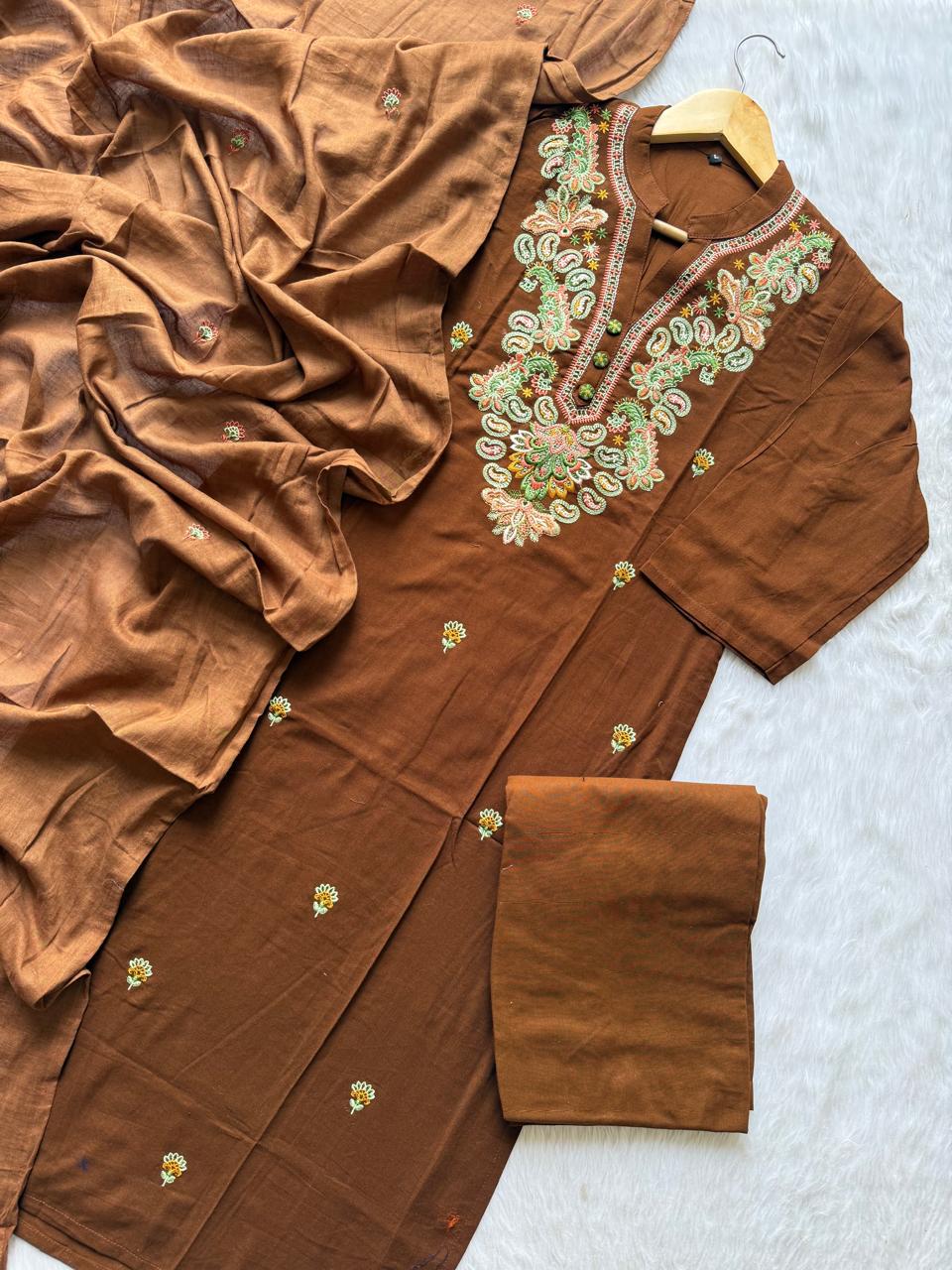 Brown Embroidered Cotton Kurti Pant Dupatta Set