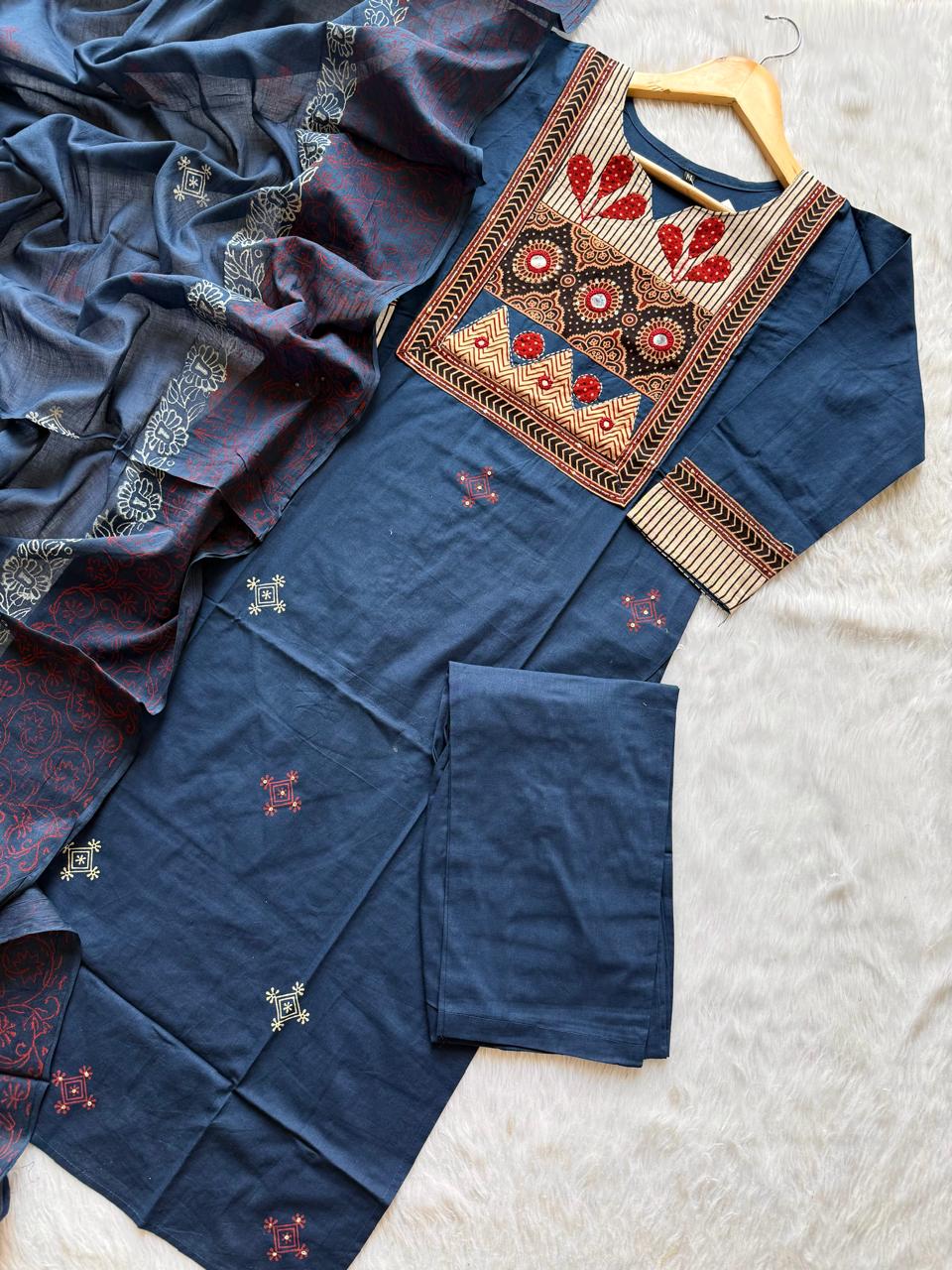 Straight Cotton Kurti Pant Dupatta Set - Navy Blue