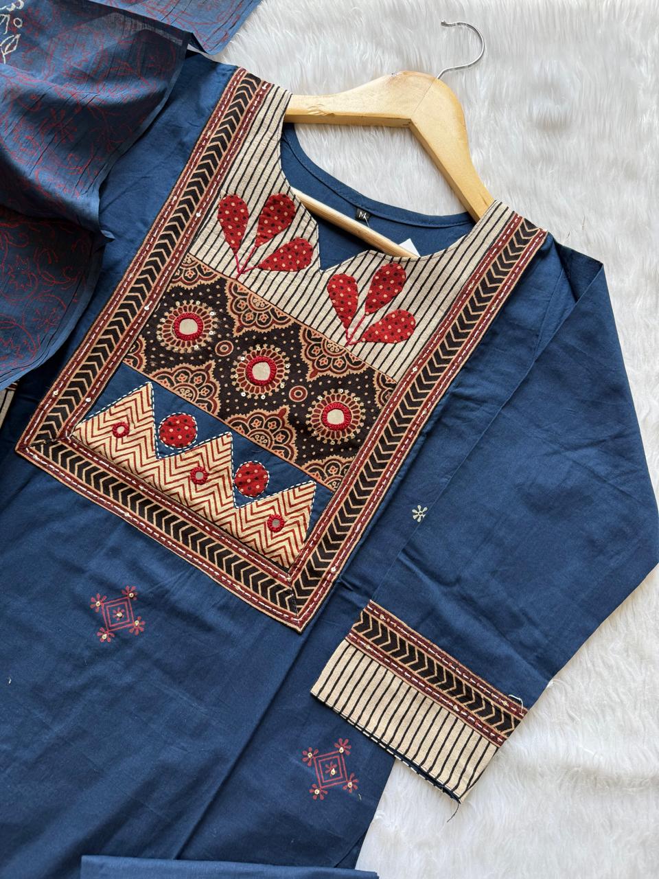 Straight Cotton Kurti Pant Dupatta Set - Navy Blue