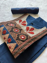 Straight Cotton Kurti Pant Dupatta Set - Navy Blue