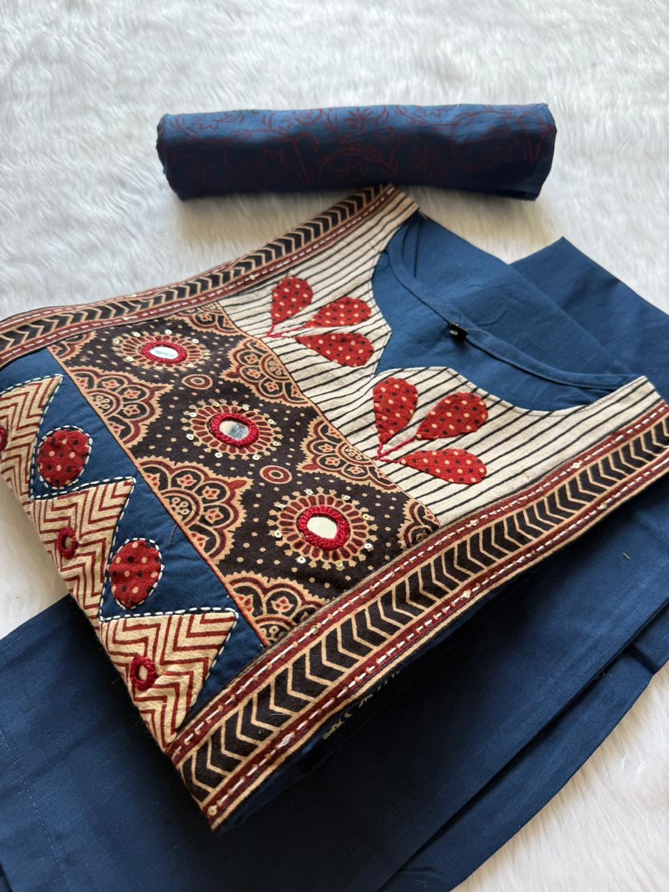 Straight Cotton Kurti Pant Dupatta Set - Navy Blue