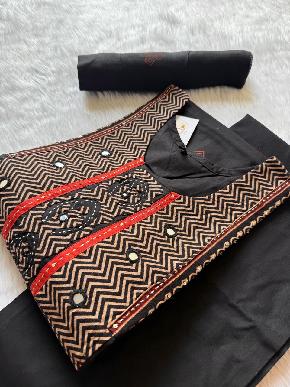Straight Cotton Kurti Pant Dupatta Set - Black