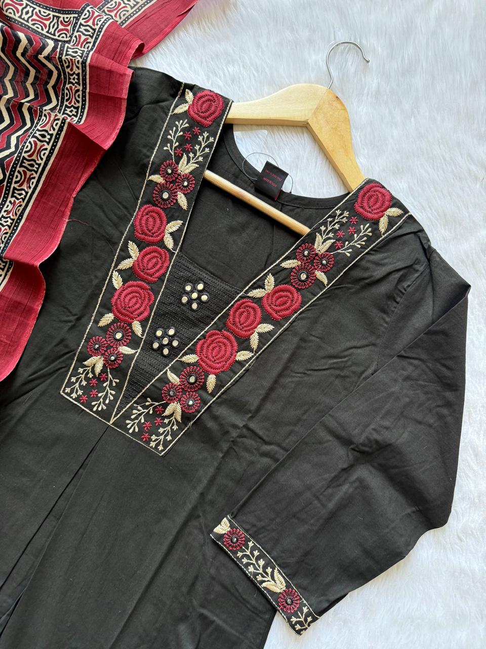 Black Embroidered Kurti Set with Palazzo & Printed Dupatta