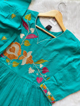 Turquoise Embroidered Anarkali Kurti Set with Palazzo & Dupatta