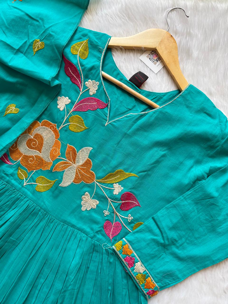 Turquoise Embroidered Anarkali Kurti Set with Palazzo & Dupatta