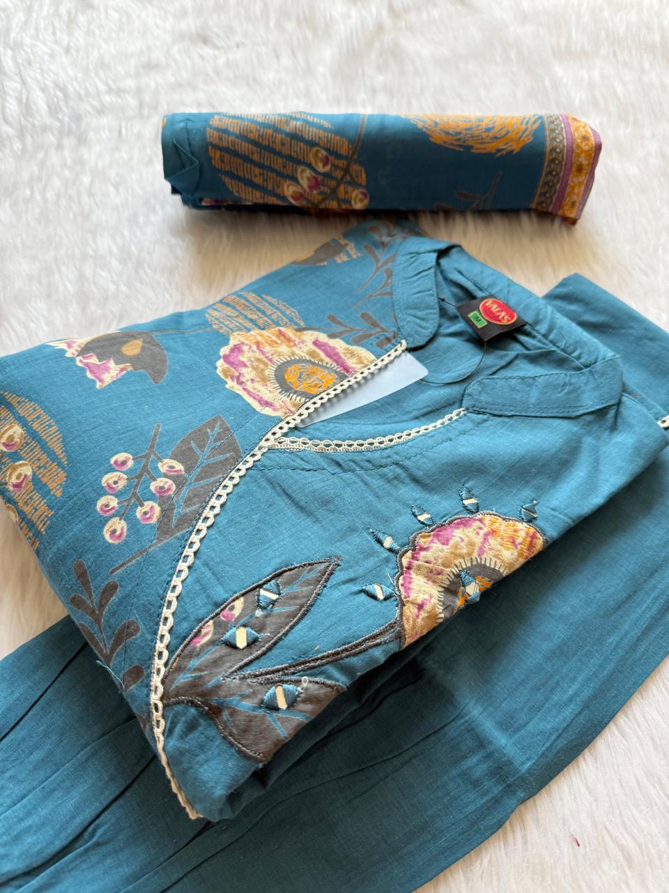 Teal Blue Floral Cotton Kurti Pant Dupatta Set