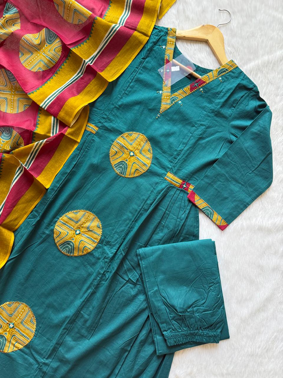 Cotton Aplic work Kurti Set with Palazzo & Designer Dupatta - Teal