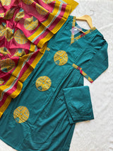Cotton Aplic work Kurti Set with Palazzo & Designer Dupatta - Teal