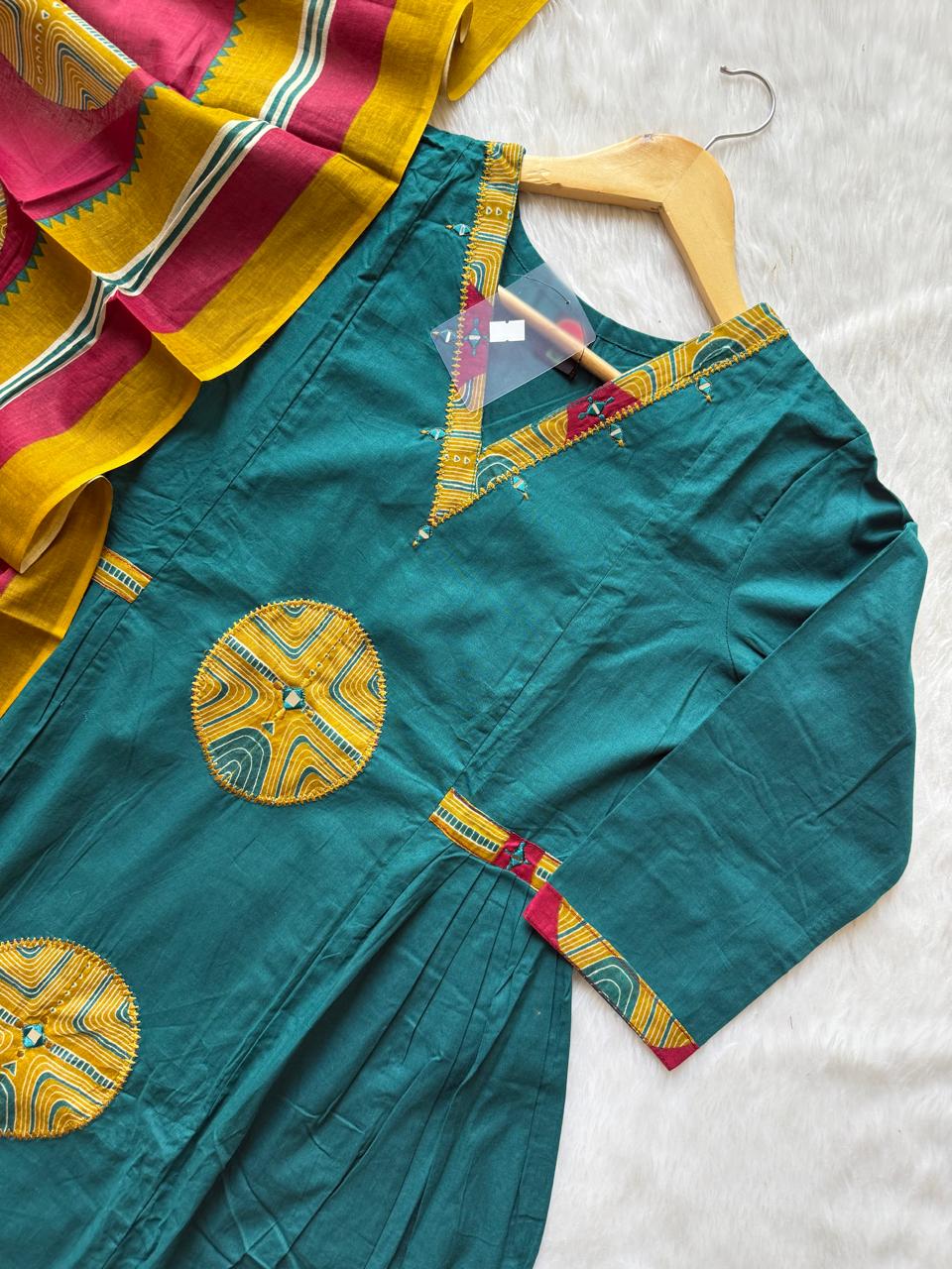 Cotton Aplic work Kurti Set with Palazzo & Designer Dupatta - Teal