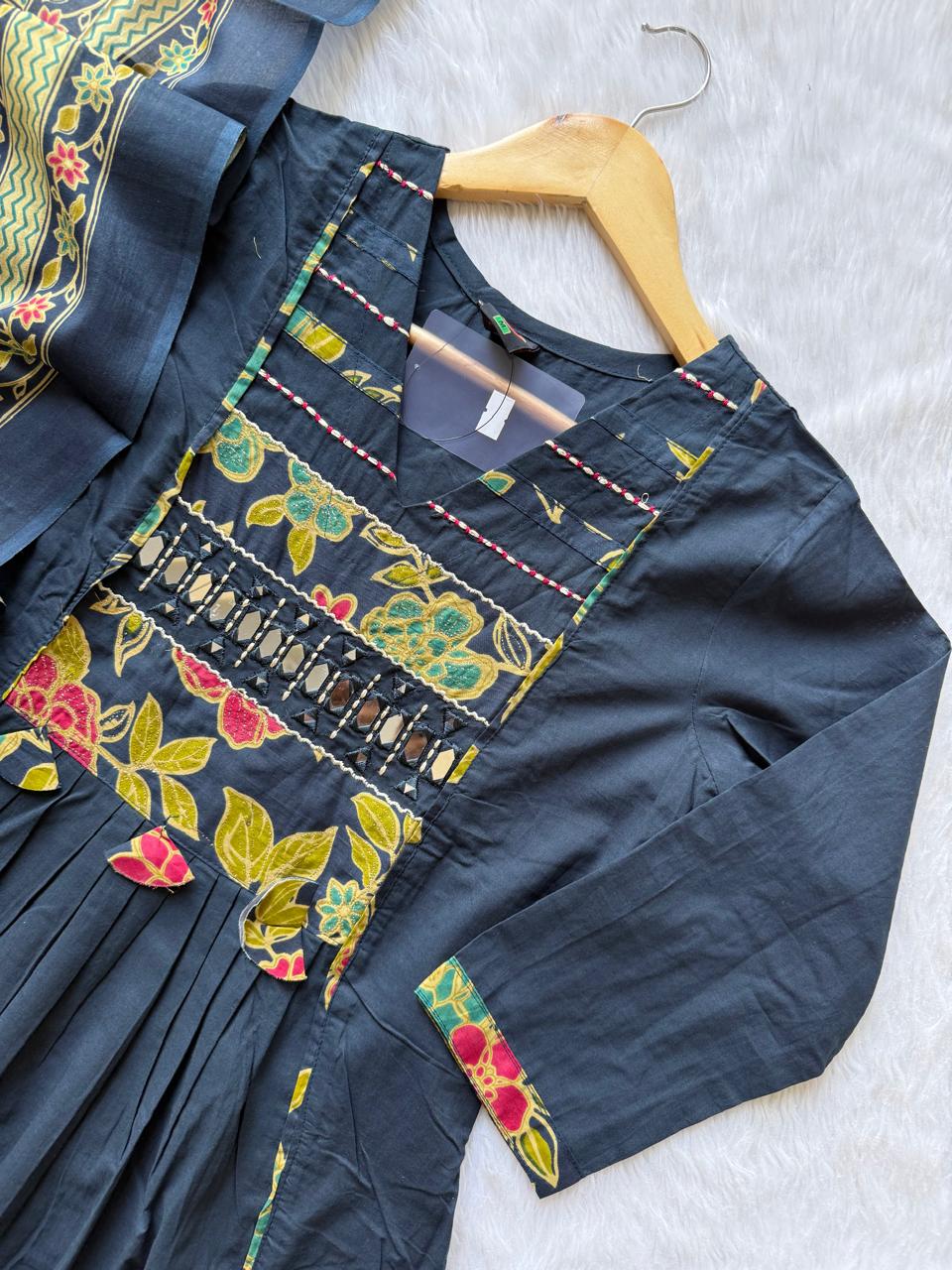 Cotton Umbrella Kurta Palazzo Set with Dupatta - Blue