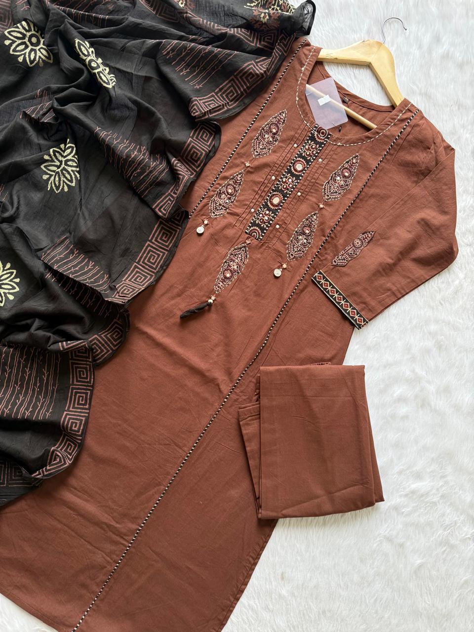 Brown Aplic Work Kurta, Pant & Printed Dupatta