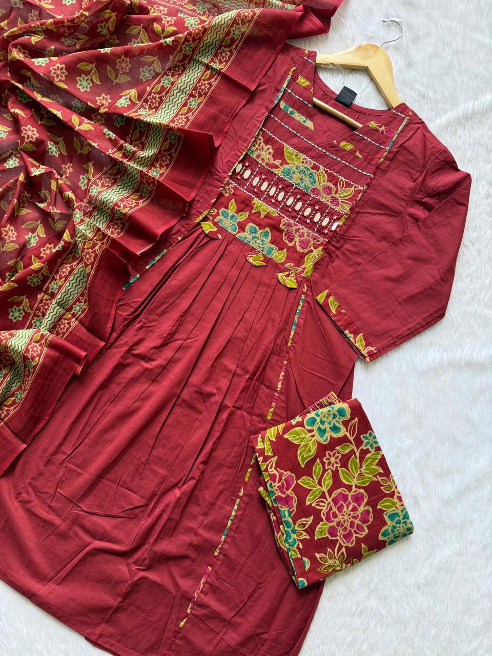 Maroon Floral Yoke Kurta Palazzo Set with Dupatta