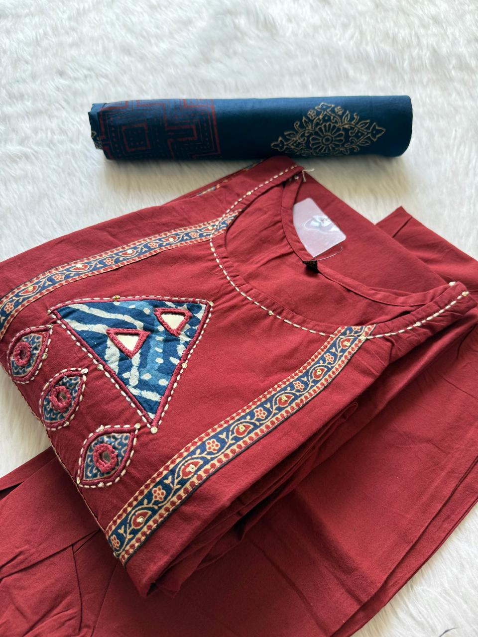 Rust Brown Straight Kurta Setwith Pants & Printed Dupatta