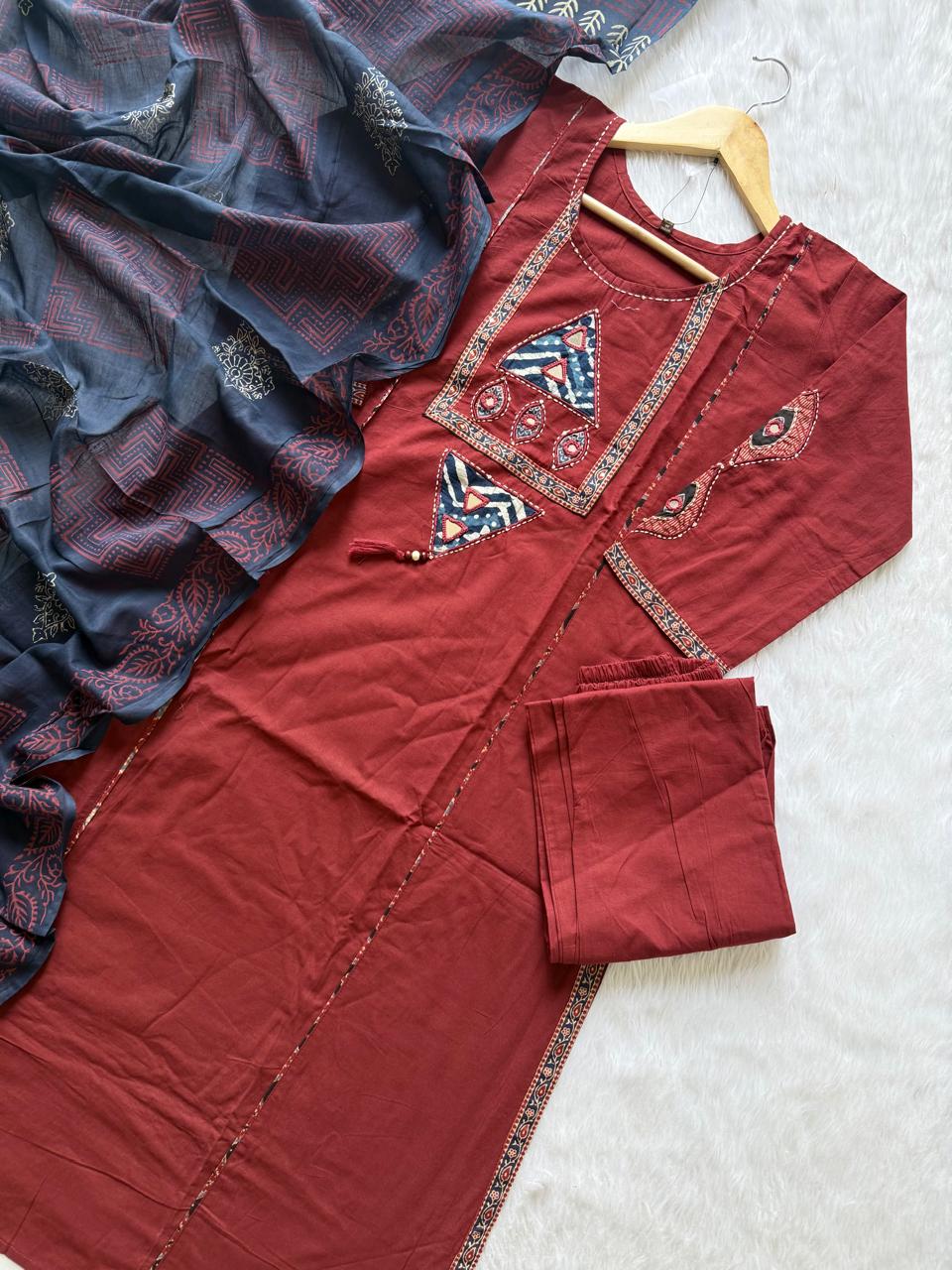 Rust Brown Straight Kurta Setwith Pants & Printed Dupatta
