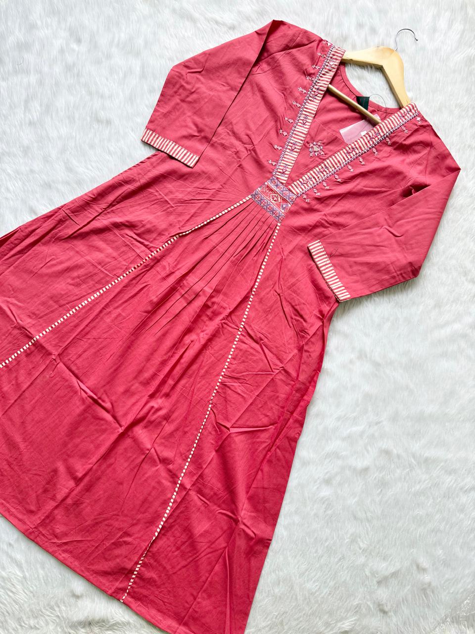 Rose Pink Pleated Kurta Palazzo & Dupatta Set