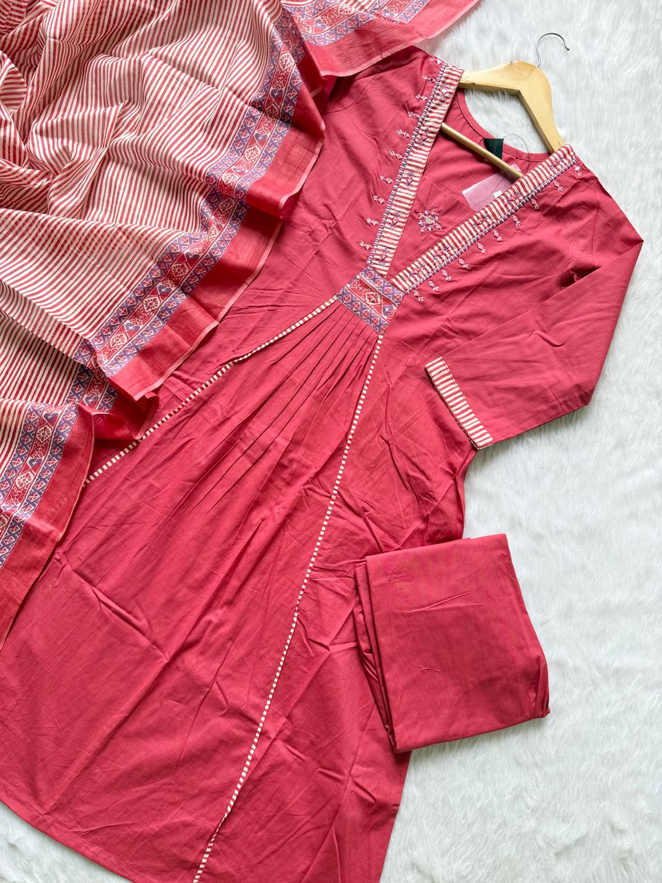 Rose Pink Pleated Kurta Palazzo & Dupatta Set
