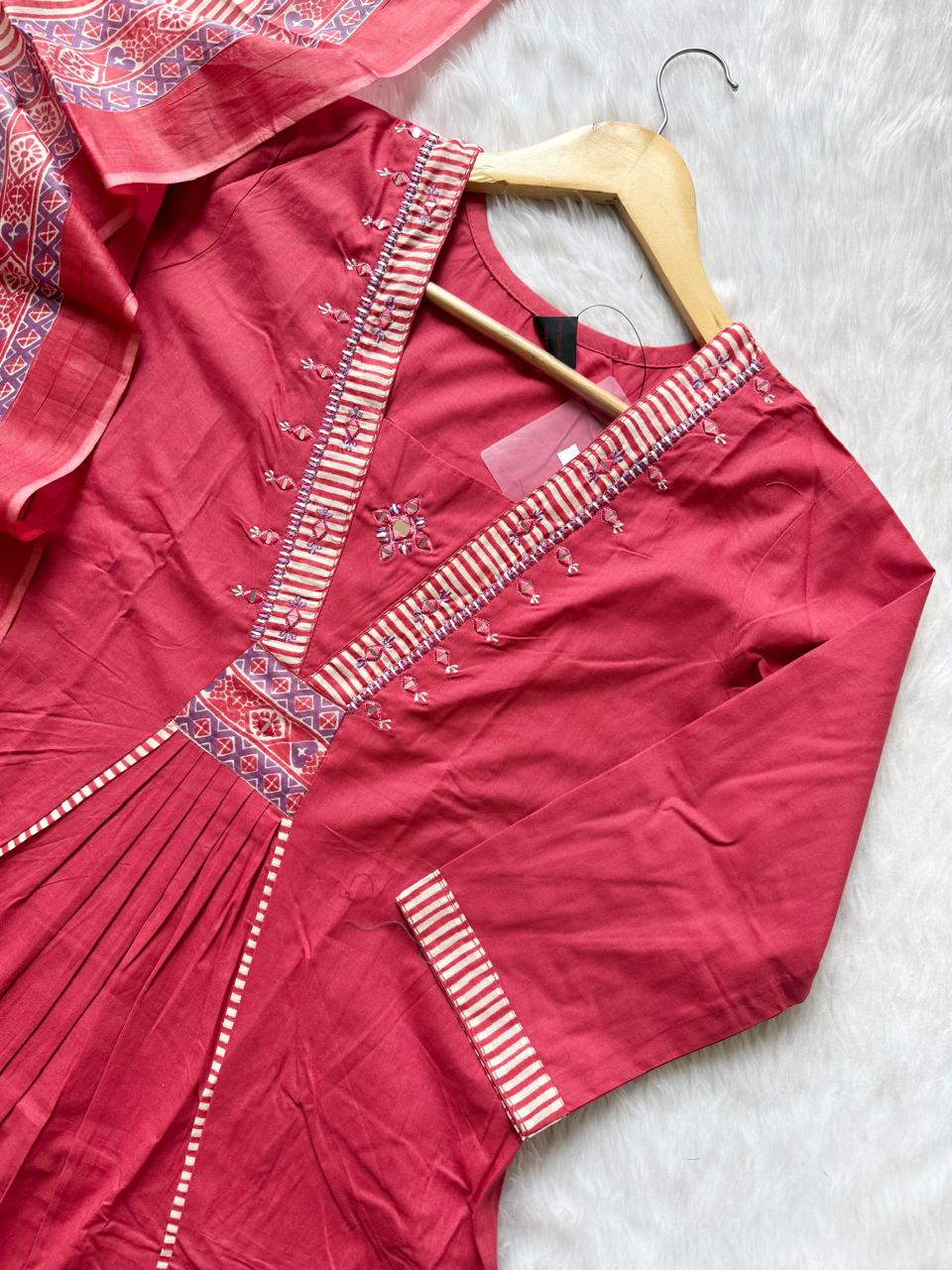 Rose Pink Pleated Kurta Palazzo & Dupatta Set