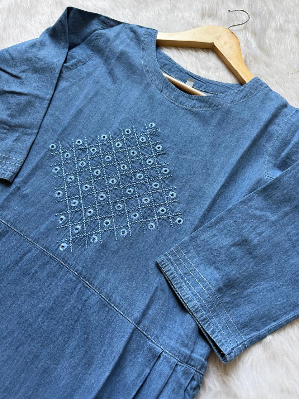 Blue Denim Look Embroidered Cotton Midi Dress (Middy)