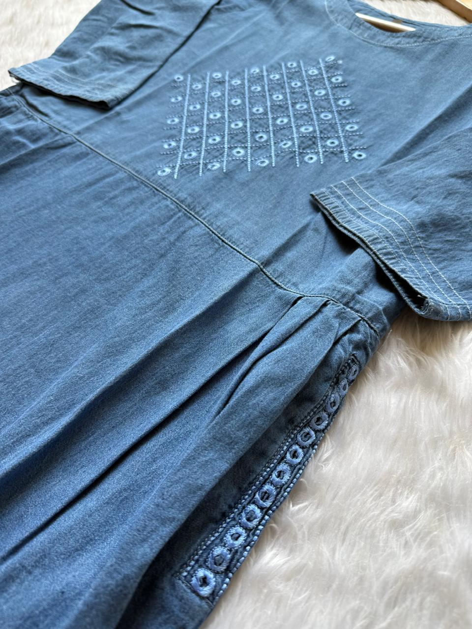 Blue Denim Look Embroidered Cotton Midi Dress (Middy)