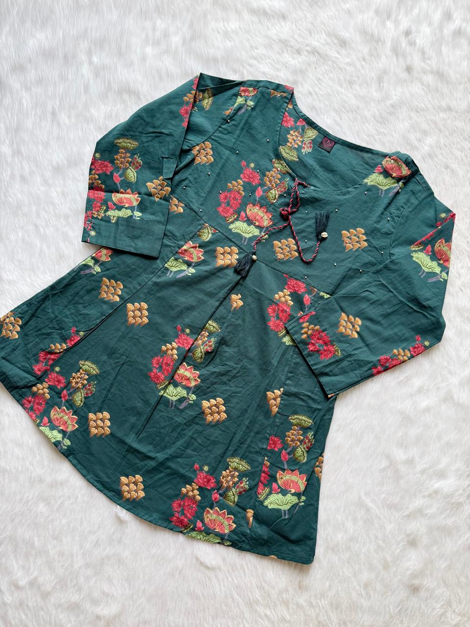 Dark Teal Floral Printed Cotton Blend Short Kurti & Pant Co-Ord Set