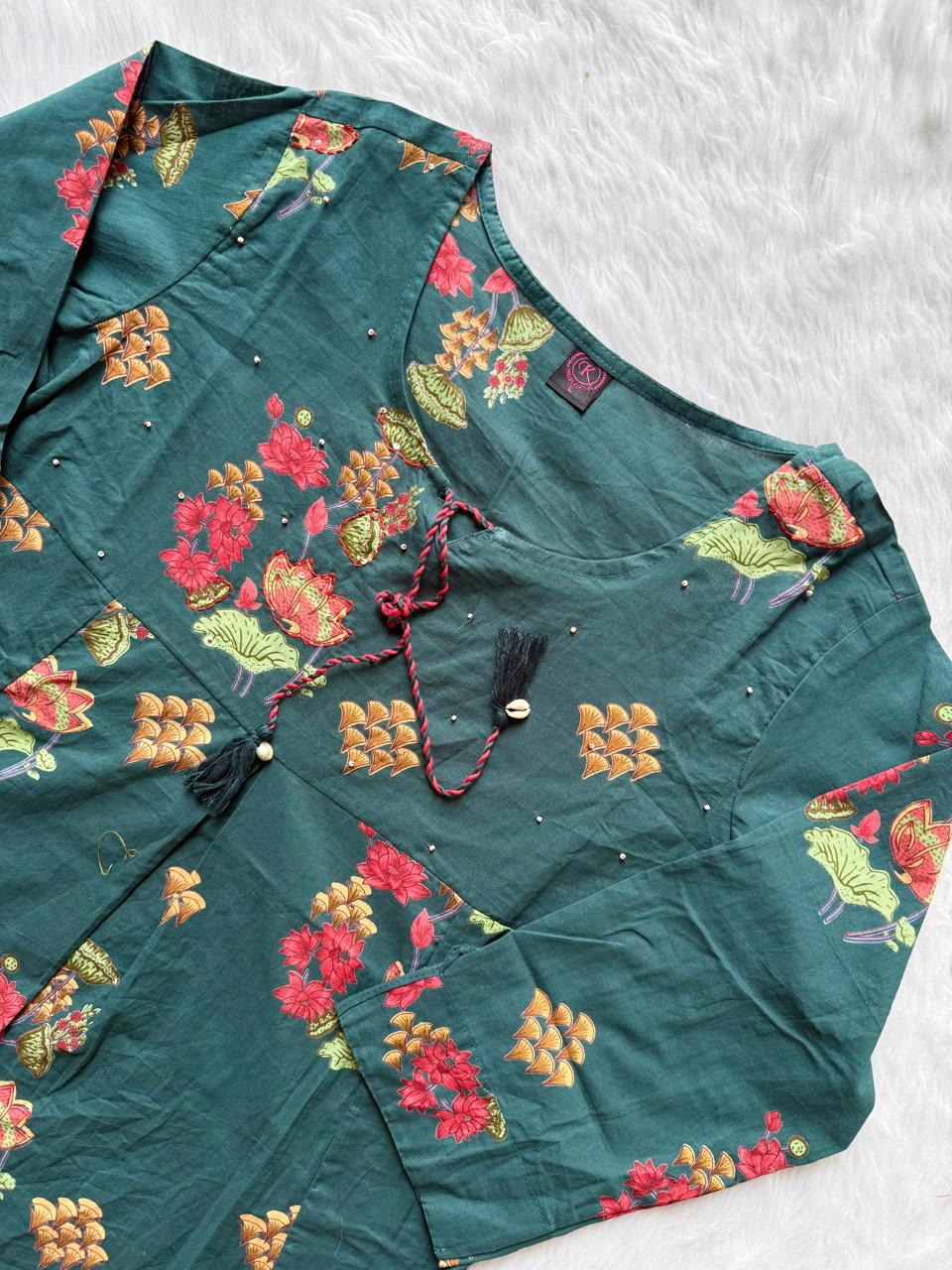 Dark Teal Floral Printed Cotton Blend Short Kurti & Pant Co-Ord Set