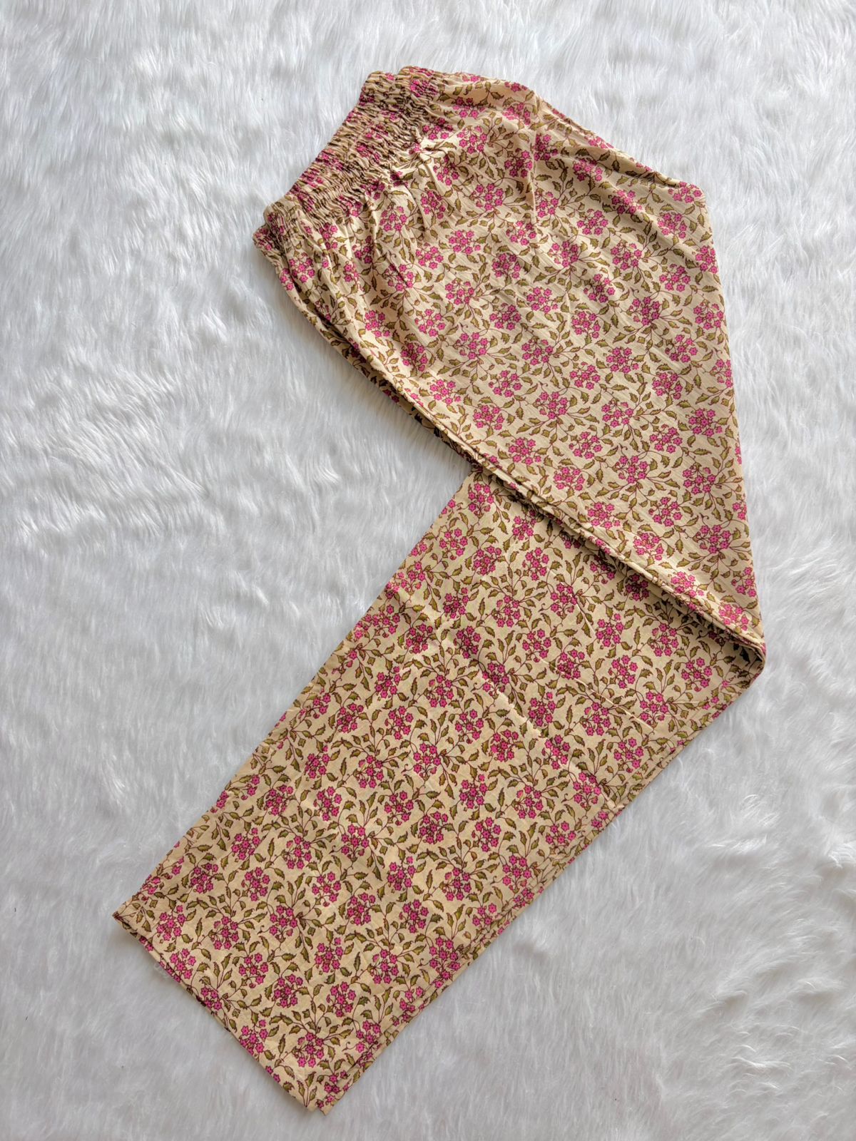 Cream & Pink Floral Printed Cotton Kurti Pant & Dupatta Set for Women